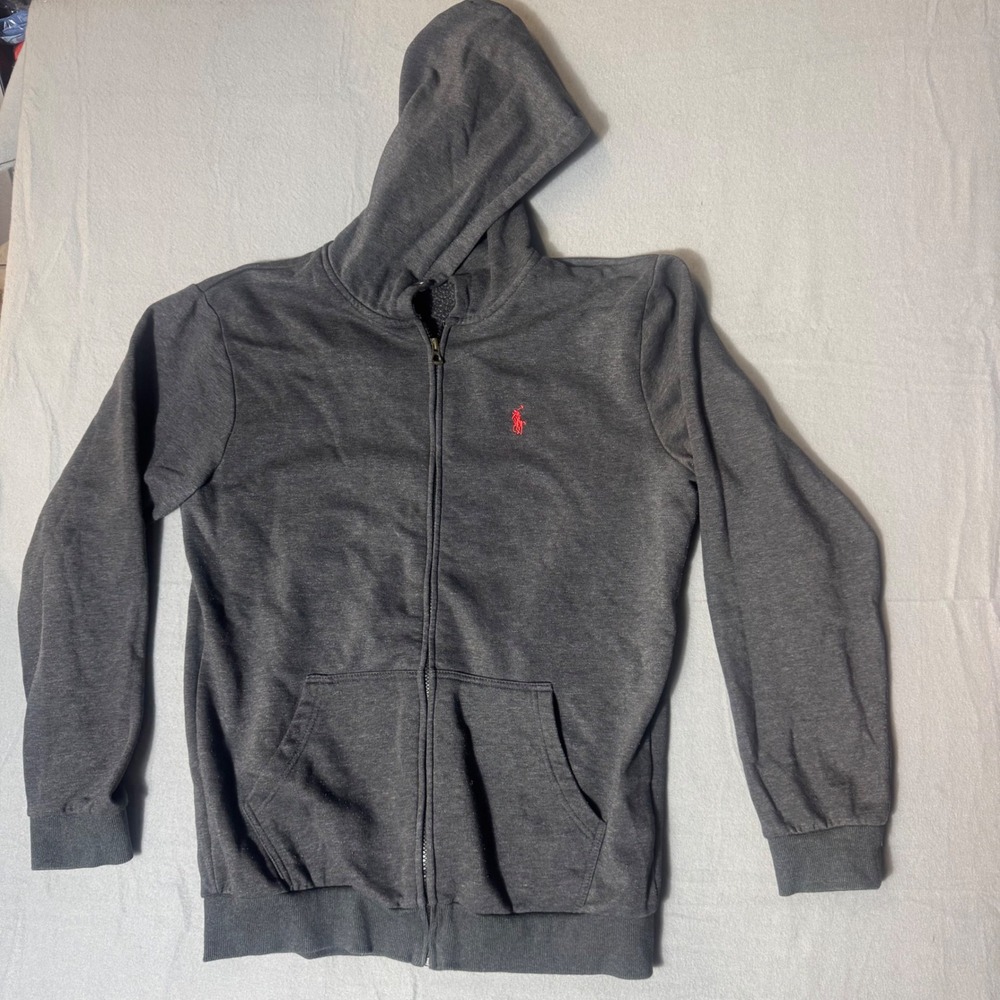 Polo Ralph Lauren Mens Full Zip Hoodie Gray Heather Red Pony Logo Size L